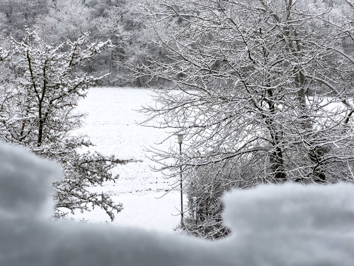 Schneelandschaft am Morgen beim Blick aus dem Fenster